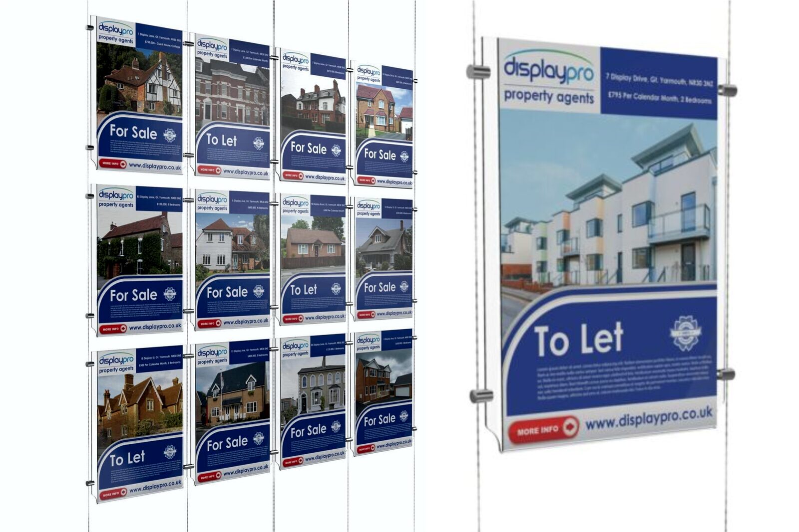 Cable-hung window display pockets holding printed property cards
