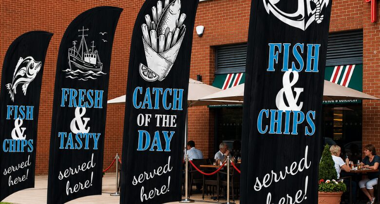 Catch of the Day feather flags outside a fish and chip shop